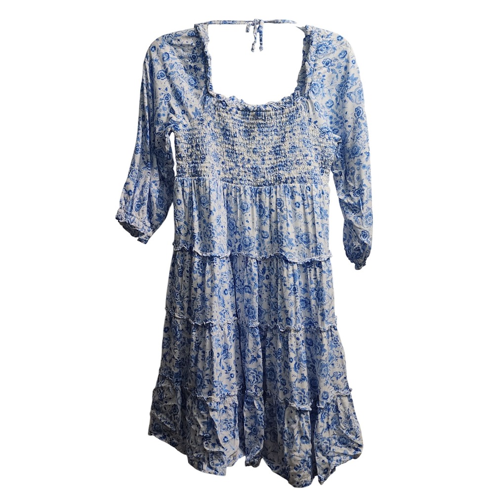 Crown and Ivy Kids Girls Blue‎ Floral Smocked Tiered Dress XL